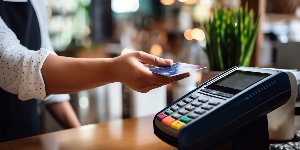 A person using a credit card machine at a store.