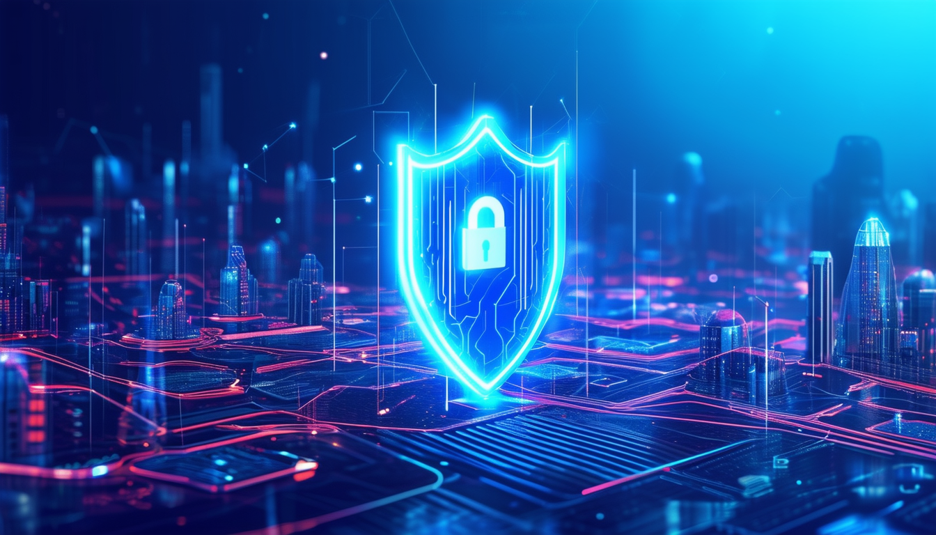 A futuristic digital landscape with a shield symbo